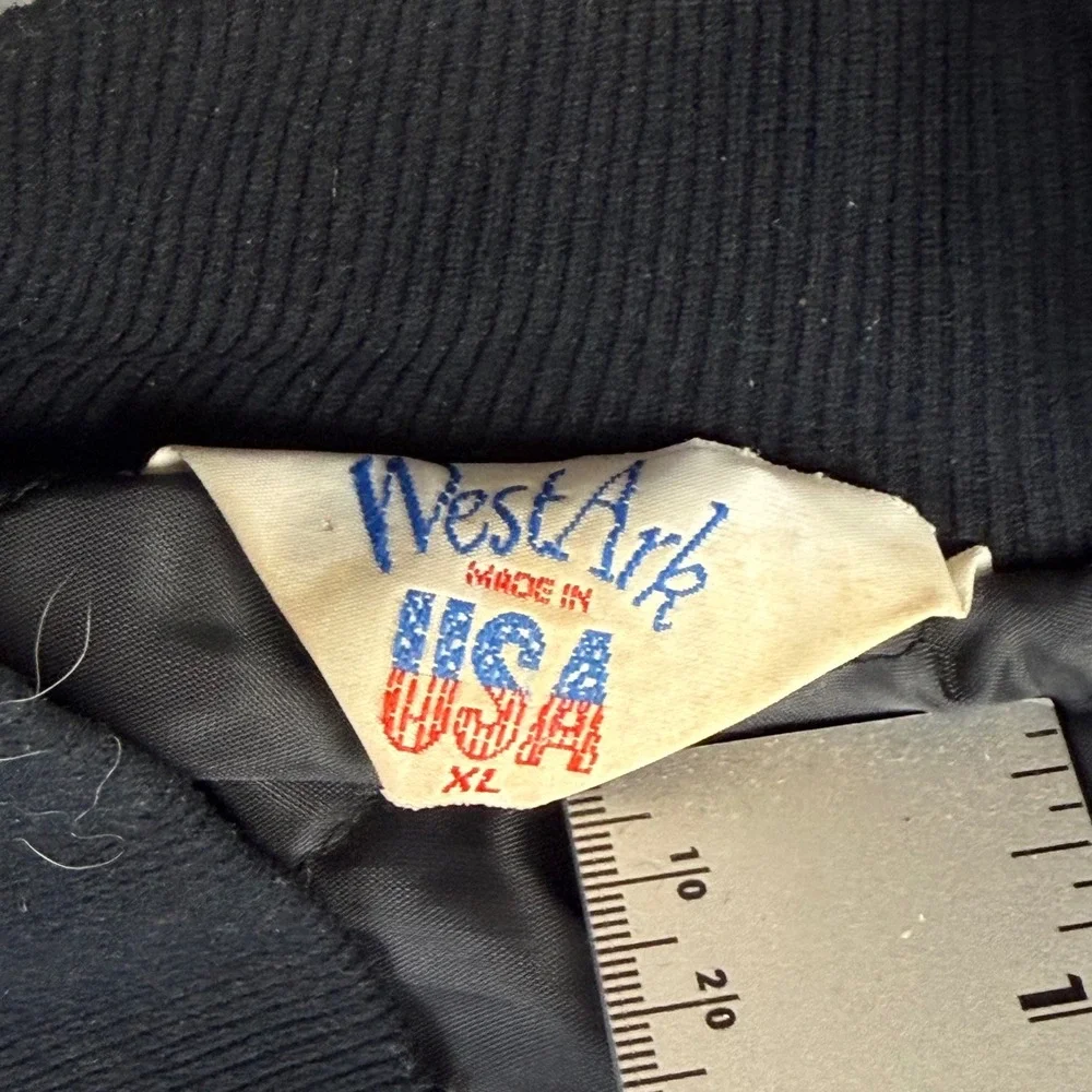 80s Vintage WestArk Los Amigos Team Bomber Jacket Black Satin Mens XL USA